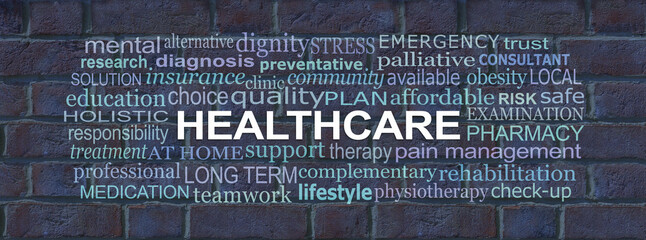 Words associated with Health Care Brick Wall Concept - dark blue rustic grunge brick wall background overlaid with a HEALTHCARE word tag cloud
