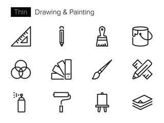 Drawing and painting Vector icons set Thin line outline