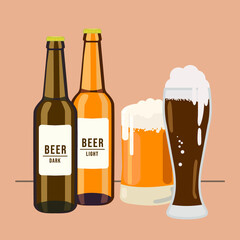 Set for the international beer day. Vector illustration of two beer bottles: light and dark. Two glasses of beer and foam.