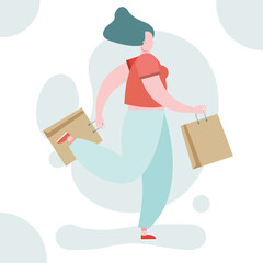 young woman with shoppings bags characters