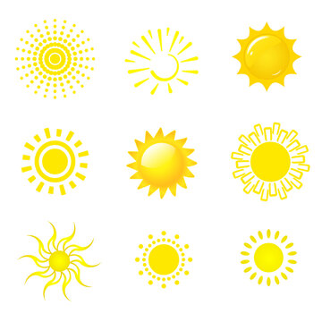 Icons set of sun. Vector illustration of different shapes of yellow sun symbol
