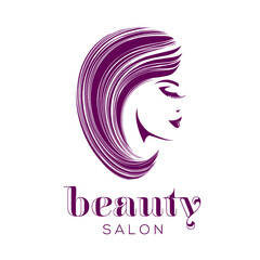 Hair salon and beauty studio logo.Cosmetics and spa icon isolated on light background.Beautiful woman portrait with elegant haircut and makeup.Long, wavy hairstyle.Profile view face.