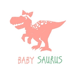 Baby girl dino saurus. Funny cartoon dino girl birthday. Cute baby dinosaur design for cool girl anniversary t-shirt. Doodle vector illustration on white background.