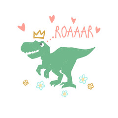 Baby roar princess dino. Funny cartoon dino girl with crown. Cute baby dinosaur design for cool girl t-shirt. Doodle vector illustration on white background. © Sopelkin
