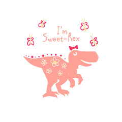 Sweet rex dino baby. Funny cartoon dino girl. Cute baby dinosaur design for cool girl t-shirt. Doodle vector illustration on white background. © Sopelkin