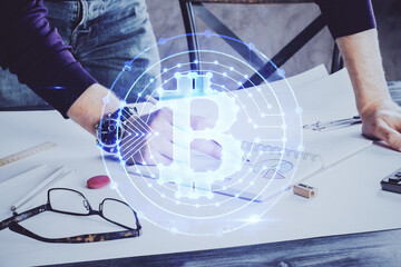 Businessman with hands background. Crypto currency concept.