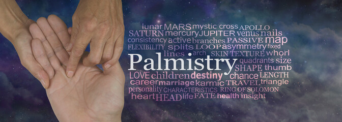 Words associated with Palmistry Word Tag Cloud - female hand pointing to heart line on male open...