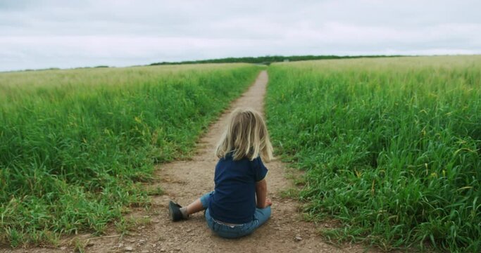 Little perschooler sittingin a field on a summer day