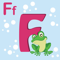 alphabet letter F, F for Frog ,ABC TO Z ,Colorful animal alphabet letter F with a cute frog.
