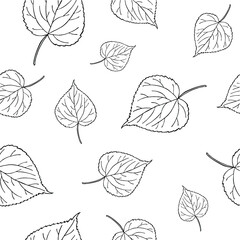 Seamless pattern with hand drawn leaves. Fashion, interior, wrapping, packaging suitable. Repeat graphic design of black and white linden leaf isolated on white	