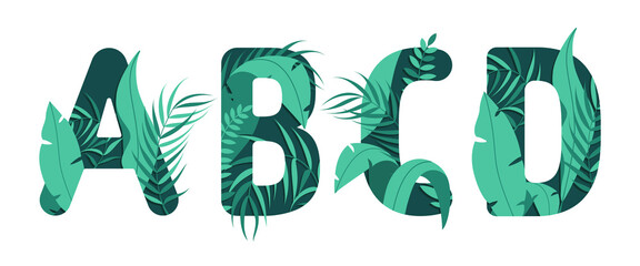Vector letters A B C D of the alphabet. Leaf design.