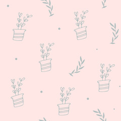 Vector seamless pattern. Gardening hand-drawn plants in pots and leaves. 