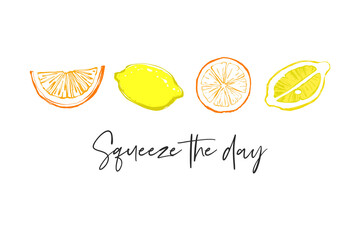 Squeeze the day quote, orange cut, circle, lemon half. Fruit colorful line elements. Cute vector pattern. Cartoon vintage tropical print on white background - obrazy, fototapety, plakaty