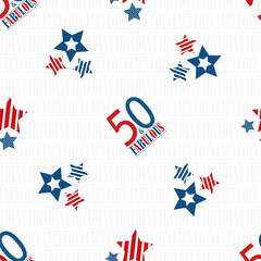 Obraz premium Fifty and fabulous text seamless vector pattern background. Blue red white modern typography on white backdrop with subtle word texture. Diagonal all over print for birthday or business anniversary