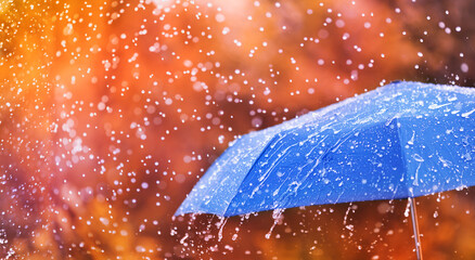 Autumn background with blue umbrella under rain against water drops splash. Rainy weather concept.