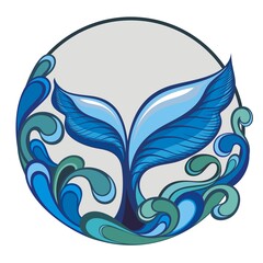 Whale tail in sea waves, ocean tattoo. Ocean  drawing. Vector illustration