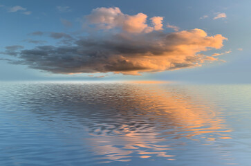 Obraz premium Sea sunset, neon light. Cloud over water. Reflection in the water of a beautiful sunset, rays. Marine tropical futuristic landscape, landscape with sky, water, sunlight. 3D illustration.