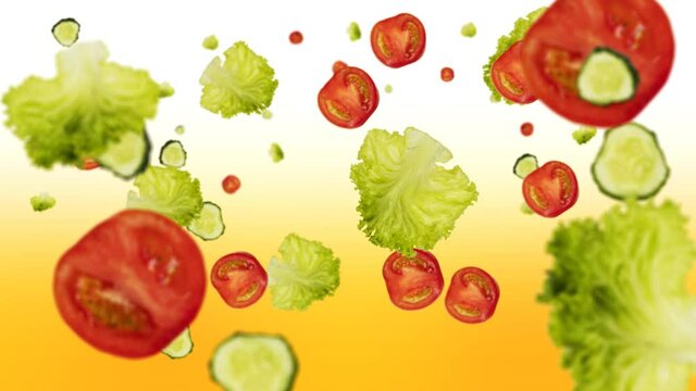 Flying fresh vegetables slow motion shot. Tomatoes, cucumbers, letuce. 4K video