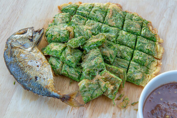 Fried Egg with Climbing Wattle, shrimp paste sauce and Fried mackerel