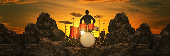 Fototapeta premium Battery kit in a mountain at sunset. 3d rendering