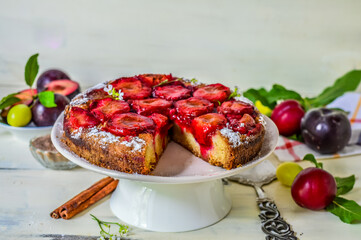 Plum Tarte Tatin , a traditional flat cake with fresh plums