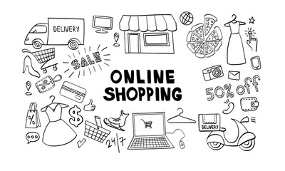 Online shopping hand drawn icons set. Doodle elements isolated on white background. Vector illustration.