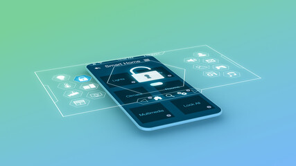 stylized smartphone with a smart home app and a futuristic holographic interface (3d render)