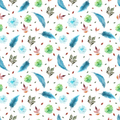 floral seamless pattern with feathers