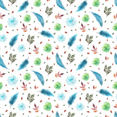 floral seamless pattern with feathers