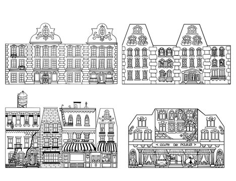 Hand drawn funny sketch set cityscape with apartment house. Vector illustration. Doodle of city buildings. Monochrome house. Picture for decoration and coloring, scheme for gluing a paper house.