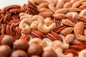 Mix nuts pecan, macadamia, walnut, almonds, hazelnuts Top view flat lay