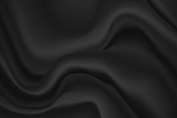 Black Silk Fabric Realistic Smooth Texture. Dark Satin Waves Vector Background.