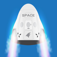 SpaceX space craft, Crew Dragon 2019. Vector rocket Falcon 9 . Vector illustration. Cartoon for web, postcard, poster, clothing print