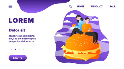 Tiny people sitting on big burger and eating. Friend, meal, junk flat vector illustration. Nutrition and fast food concept for banner, website design or landing web page