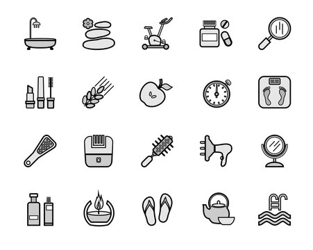 Beauty and health, icons, set, gray with outline. Gray images with a black outline. Vector.  