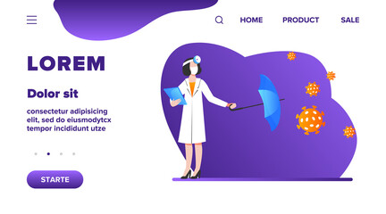 Nurse protecting from viruses attack. Physician, umbrella, prescription flat vector illustration. Medicine and healthcare concept for banner, website design or landing web page