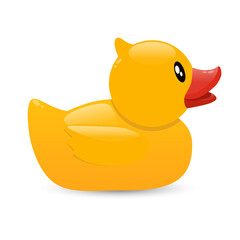 Yellow rubber duck for bath. Baby bathing toy. Vector cartoon illustration on a blue background.