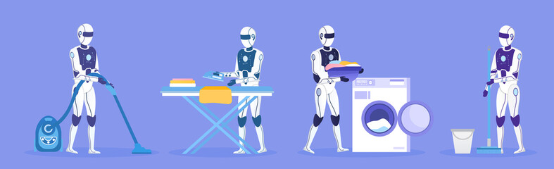 A group of four robots doing a housework. Domestic robot housekeeping Concept. Futuristic technologies. Artificial Intelligence. Robot assistant. Flat Vector Illustration.