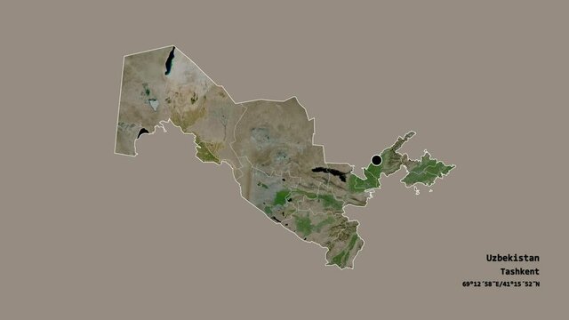 Jizzakh, region of Uzbekistan, with its capital, localized, outlined and zoomed with informative overlays on a satellite map in the Stereographic projection. Animation 3D