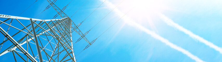 Electricity background banner panorama - Voltage power lines / high voltage electric transmission...