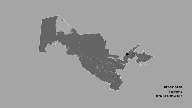 Khorezm, region of Uzbekistan, with its capital, localized, outlined and zoomed with informative overlays on a bilevel map in the Stereographic projection. Animation 3D