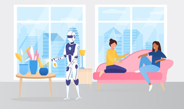 The robot is watering the flowers. The girls are sitting on the couch and talking. The concept of Futuristic Technologies. Lifestyle. Domestic robot Robot assistant and housekeeper Vector Illustration