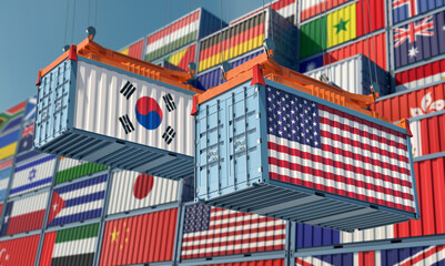 Freight containers with South Korea and USA flag. 3D Rendering 
