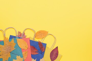 craft shopping bags surrounded by yellow and orange fallen autumn leaves, the concept of autumn discounts and sales