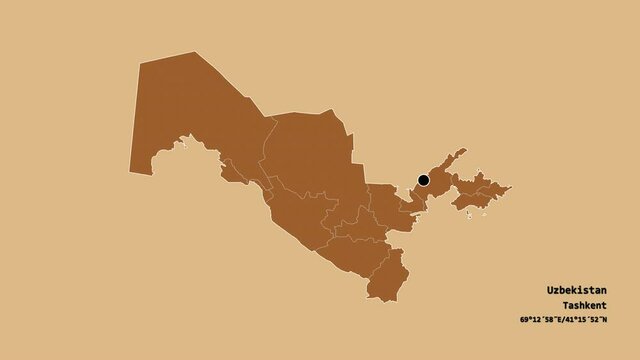 Namangan, region of Uzbekistan, with its capital, localized, outlined and zoomed with informative overlays on a solid patterned map in the Stereographic projection. Animation 3D
