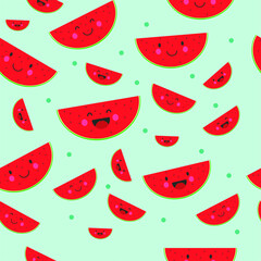 cute smile of red watermelon slice character design with dots. seamless pattern. Vector art. vector illustration. shapes backdrop. Digital paper, web design, textile print. 