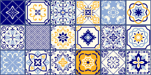 Collection of 18 ceramic tiles in turkish style. Seamless colorful patchwork from Azulejo tiles. Portuguese and Spain decor. Islam, Arabic, Indian, Ottoman motif. Vector Hand drawn background - 366910101