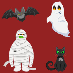Set of halloween characters. Bat, ghost, mummy and black cat in cartoon style.