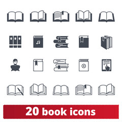 Book, e-book, library and literature icon set. Solid vector illustration related to reading, learning and education. Books pictogram isolated on white background.