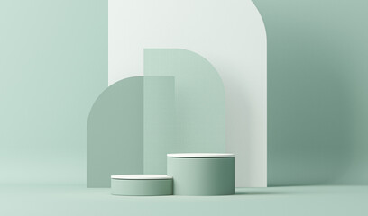 Minimal scene with podium and abstract background. Pastel blue and white colors scene. Trendy 3d render for social media banners, promotion, cosmetic product show. Geometric shapes interior.
